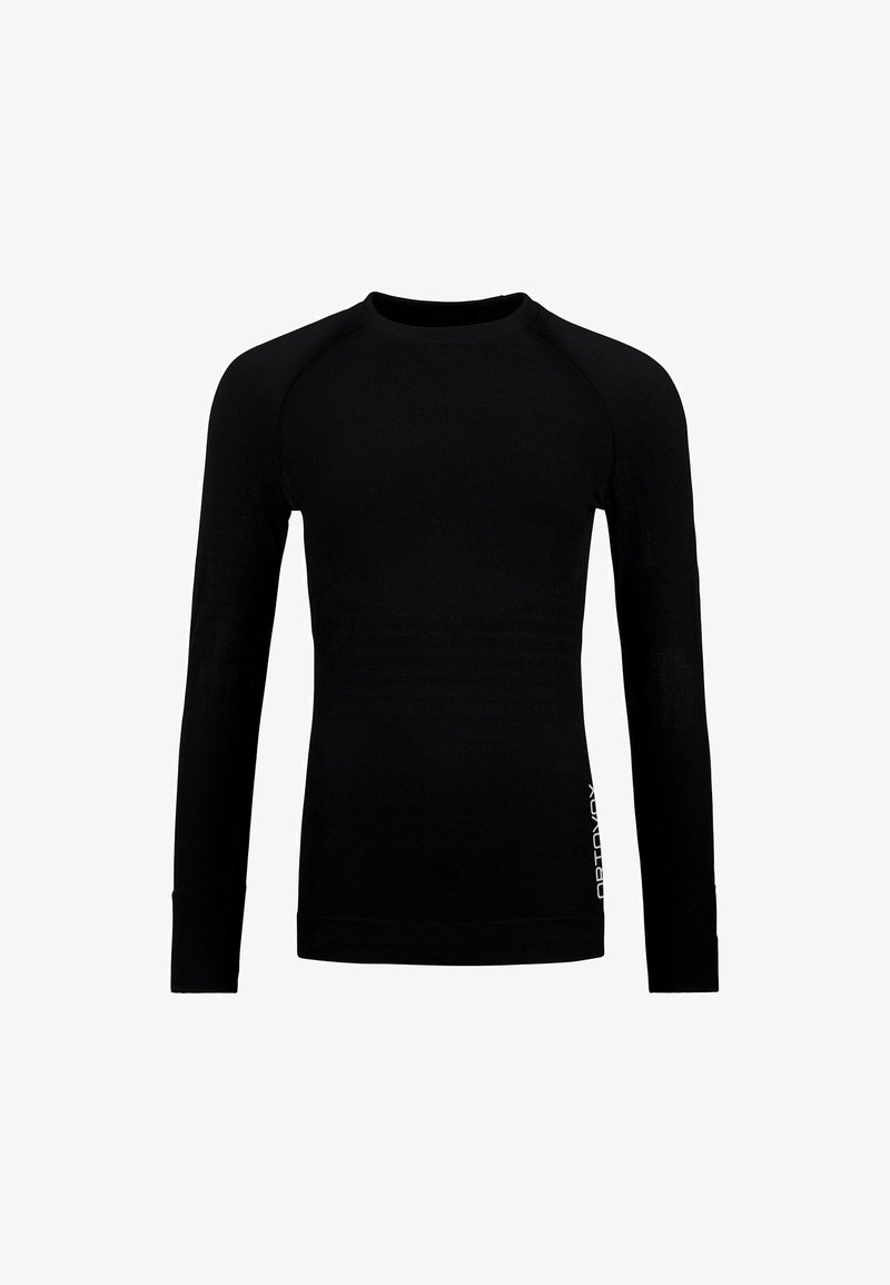Black long-sleeve top made of smooth, stretchy fabric. Features raglan sleeves and a fitted design. White logo accent on the side.
