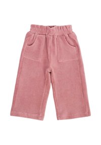 Pantaloni in corduroy rosa con vita elasticizzata, due tasche a toppa frontali e gambe ampie. Texture a righe verticali con dettagli cuciti.