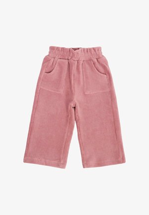 Roze corduroy broek met een elastische tailleband, twee voorzakken en wijde pijpen. Verticale ribbelstructuur met gestikte details.