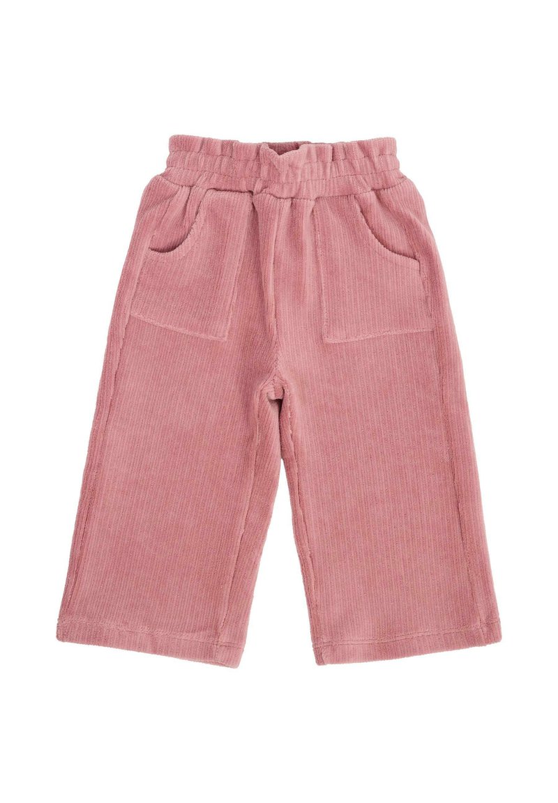 Pantaloni in corduroy rosa con vita elasticizzata, due tasche a toppa frontali e gambe ampie. Texture a righe verticali con dettagli cuciti.