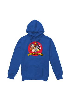 Blue hoodie featuring Looney Tunes characters inside red concentric circles with "Looney Tunes" text below the design.