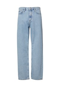 Jean droit bleu clair en denim, avec une taille haute, un design à cinq poches et des détails de couture subtils sur les coutures.