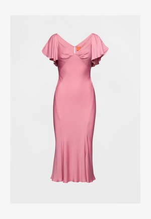 Pink satin dress with short flutter sleeves, a V-shaped neckline, fitted bodice, and flared hem reaching mid-calf. Smooth texture and subtle shine.