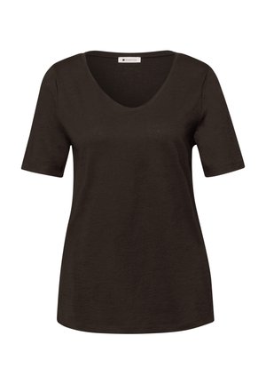 Sort kortærmet V-hals T-shirt til kvinder med slim pasform og ensfarvet design, mærket Street One på indersiden af kraven.