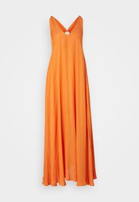 Longue robe orange avec un décolleté en V profond et un détail en trou de serrure au niveau de la poitrine. Fabriquée en tissu léger avec une jupe fluide.