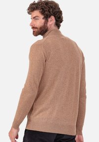 Beige knitted sweater with a high collar, ribbed cuffs, and hem. Smooth texture and tailored fit, showcased from the back.