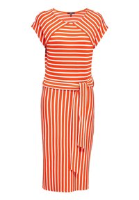 Pasiasta sukienka w intensywnym pomarańczowym i białym kolorze. Ma krótkie rękawy, pasek w talii oraz dopasowaną sylwetkę.