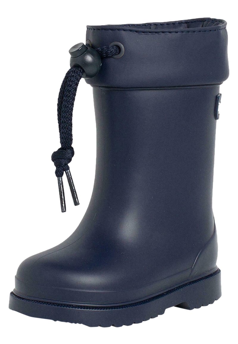 Botte de pluie en caoutchouc marine avec un bout arrondi, une semelle texturée et un haut à cordon pour un ajustement sécurisé. Fini lisse sans motifs visibles.