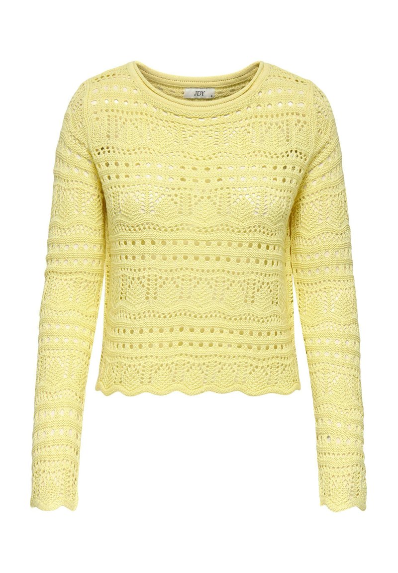 Pull en maille jaune à manches longues, avec un motif texturé et des détails en ajouré. L'ourlet festonné ajoute une touche distinctive.