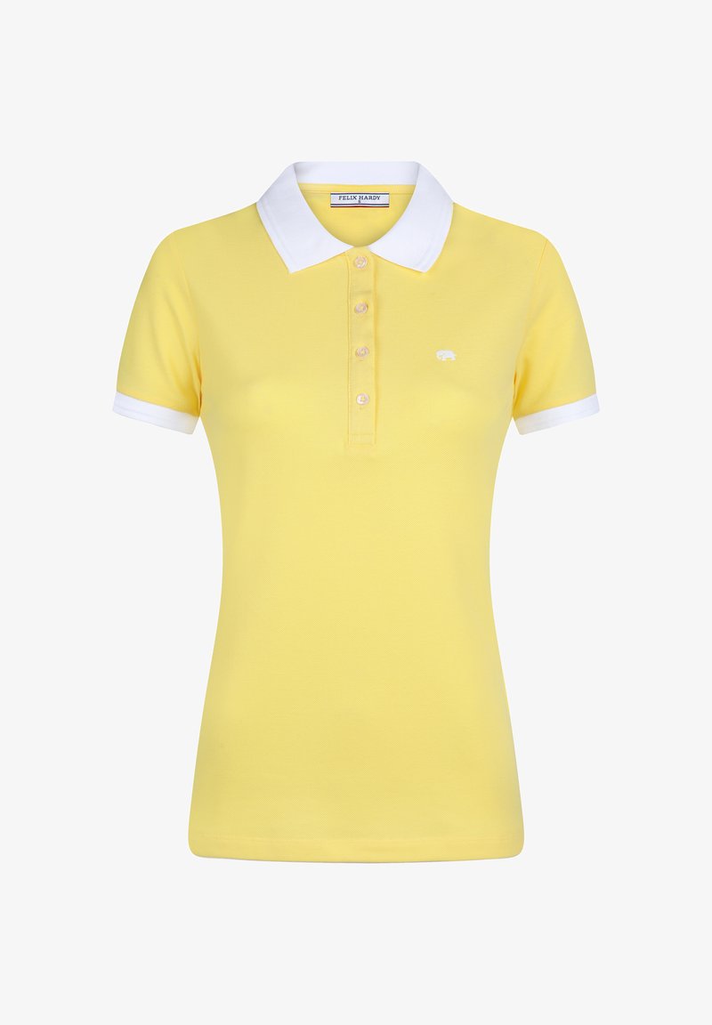 Polo jaune à manches courtes avec col et poignets blancs, trois boutons et petit logo blanc brodé sur la poitrine.