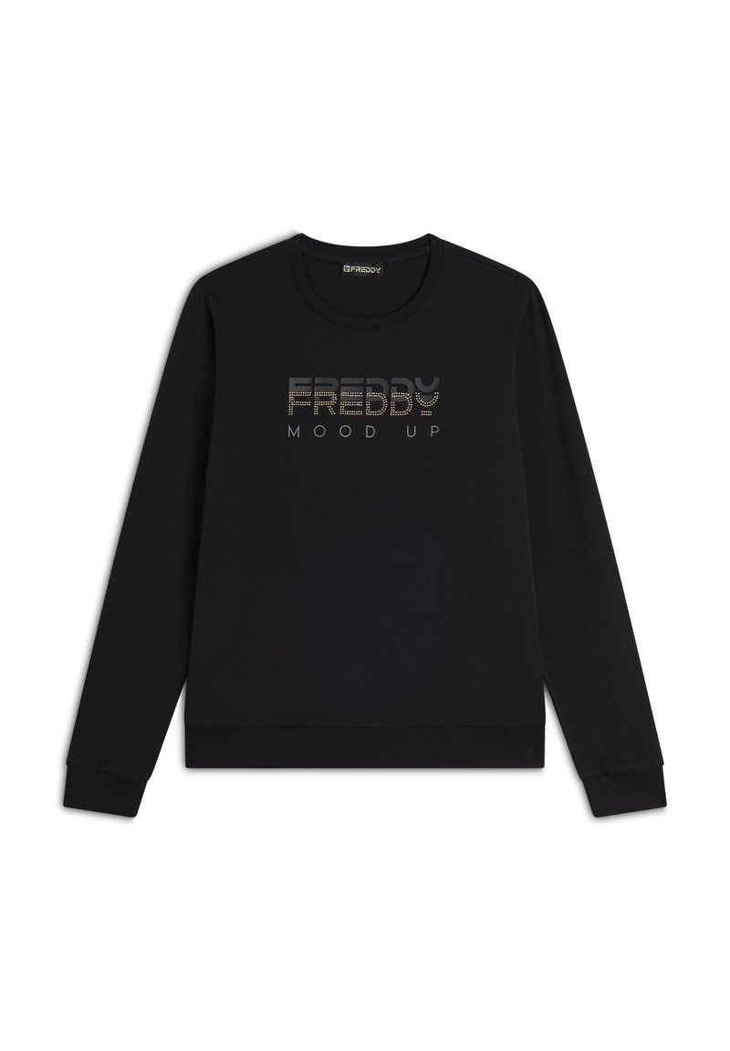 Felpa nera a maniche lunghe con scollatura a girocollo, caratterizzata da una stampa metallica "FREDDY MOOD UP" arricchita da piccole borchie. Tessuto morbido, vestibilità standard.