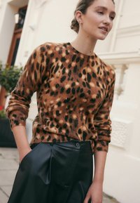 Pull en imprimé léopard brun avec des poignets côtelés, associé à un pantalon en cuir noir taille haute avec fermeture à bouton et poches avant.