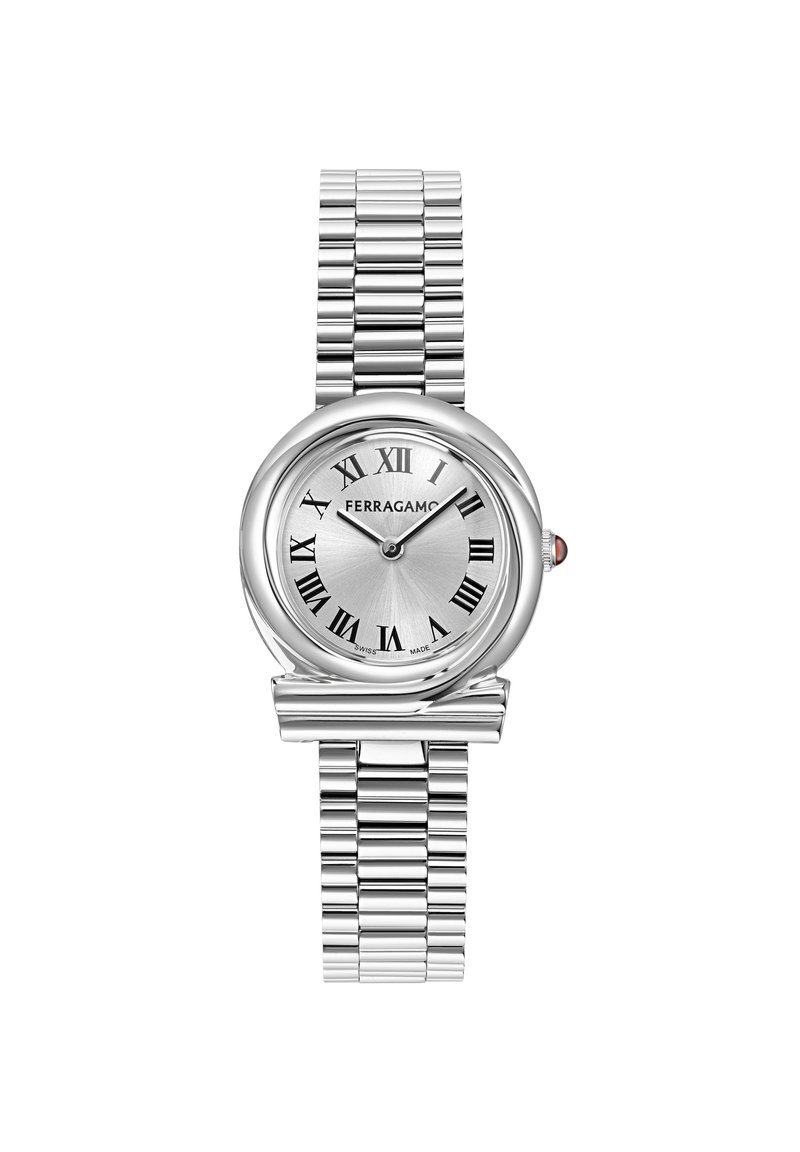 Silver analog watch with a round case, Roman numeral markers, and a textured silver dial. Features a metal link bracelet and a red gemstone accent.