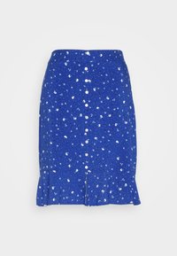 Gonna a stampa floreale blu con accenti bianchi, caratterizzata da una chiusura con bottoni, orlo svasato e una texture di tessuto morbido. Design sartoriale con pieghe sottili.