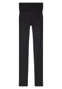 Sorte leggings med bred taljeelastik, lavet af et glat, strækbart stof. Tætsiddende form, ingen synlige mønstre eller hardware.