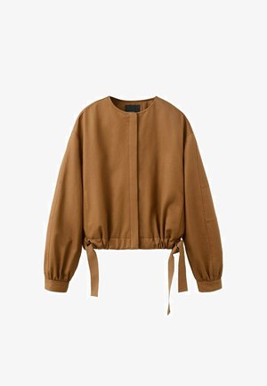 Brązowa krótka kurtka z długimi rękawami, okrągłym dekoltem, ukrytym zapięciem z przodu oraz regulowanymi sznurkami u dołu.