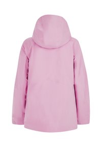 Light pink hooded waterproof jacket shown from the back with long sleeves and adjustable cuffs.