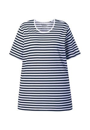 Kurzärmeliges T-Shirt mit rundem Halsausschnitt, das horizontale marineblaue und weiße Streifen zeigt. Hergestellt aus weicher Baumwolle mit lockerem Schnitt.