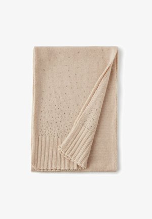 Jasnoróżowy dziergany szalik z teksturowanym wzorem, zdobiony małymi srebrnymi akcentami i prążkowanym brzegiem. Miękki i lekki materiał.