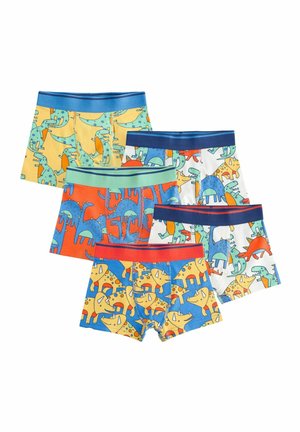 Five pairs of boys' boxer shorts made from soft fabric, featuring colorful animal prints in yellow, blue, orange, and white with contrasting waistbands.