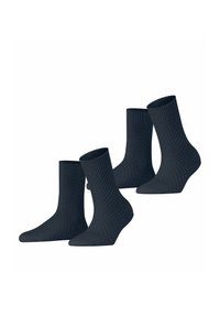 Dunkelblaue Knöchelsocken mit einem strukturierten Rautenmuster, geripptem Bündchen sowie verstärktem Fersen- und Zehenbereich. Set bestehend aus vier Paaren.