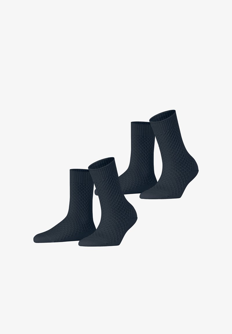 Dunkelblaue Knöchelsocken mit einem strukturierten Rautenmuster, geripptem Bündchen sowie verstärktem Fersen- und Zehenbereich. Set bestehend aus vier Paaren.