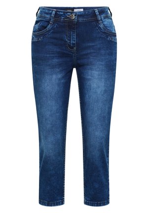 Jean en denim bleu foncé avec une taille mi-haute, fermeture avant par bouton et zip, poches avant courbées et coupe droite.