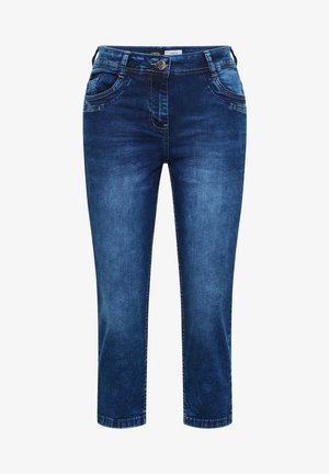 Mørkeblå denim jeans med mellem talje, knap- og lynlåslukning foran, buede forlommer og lige ben.