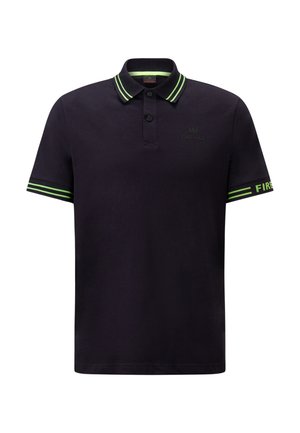 Black polo shirt made of cotton, featuring green striped accents on the collar and sleeves, and a logo printed on the chest.
