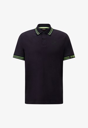 Black polo shirt made of cotton, featuring green striped accents on the collar and sleeves, and a logo printed on the chest.