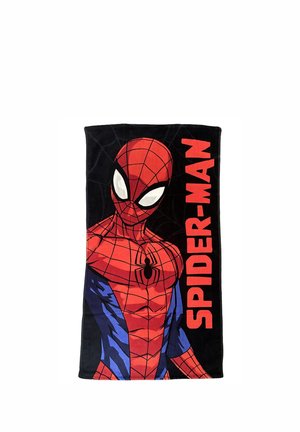 Schwarzes Handtuch mit einer großen roten und blauen Spider-Man-Figur mit Netzmustern und dem Wort "SPIDER-MAN" in fetten roten Buchstaben.