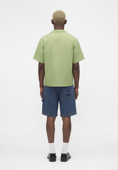 Άνδρας με κοντά ξανθά μαλλιά φοράει ανοιχτό πράσινο κοντομάνικο πουκάμισο, τζιν σορτς, λευκές κάλτσες και μαύρα παπούτσια, στέκεται με την πλάτη προς τα εμπρός.