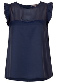 Navy blue blouse made from lightweight fabric, featuring ruffled cap sleeves, a fitted bodice, and a round neckline. Smooth texture.