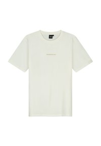 Witte katoenen t-shirt met een ronde hals en korte mouwen. Heeft een klein, centraal "TOMORROWLAND" logo in lichtbruin.