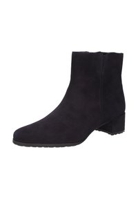 Bottine en suede noir avec un petit talon carré et une fermeture éclair sur le côté, design minimaliste et bout rond.