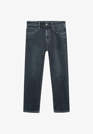 Dunkelblaue Jeans mit geradem Bein, Vordertaschen, Gürtelschlaufen und Knopfverschluss.