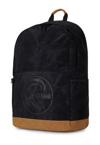 Zwarte stoffen backpack met een gestructureerd oppervlak, een suède bodem en een subtiele O'Neill-logo aan de voorkant. Voorzien van verstelbare schouderbanden en een handvat bovenaan.