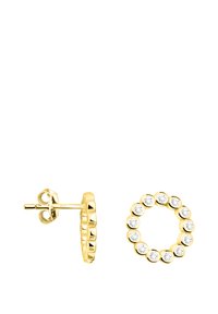 Guldörhängen med en cirkulär design som har växlade klara stenar i en kontinuerlig linje. Texturerad detalj på kanterna.