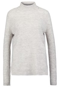Světle šedý svetr s vysokým límcem, dlouhými rukávy, vroubkovanými manžetami a lemem. Vyrobený z texturovaného pleteného materiálu, který nabízí volný střih.