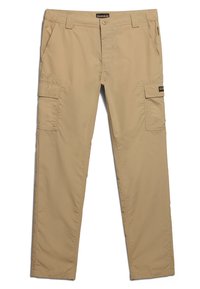 Beige cargo bukser lavet af let stof, med sidelommer, lynlås og bæltestropper. Glat tekstur med minimal detaljering.