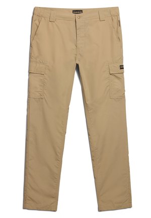 Beige Cargo-Hosen aus leichtem Stoff, mit seitlichen Taschen, einem Reißverschluss und Gürtelschlaufen. Glatte Textur mit minimalen Details.