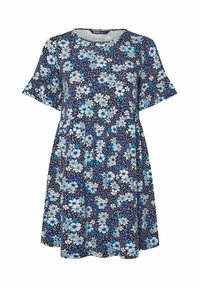 Marinblå blommig klänning med korta utsvängda ärmar, med stora blå och vita blommor samt ett prickigt mönster, tillverkad av lättviktsmaterial.