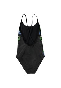 Maillot de bain une pièce noir avec des bretelles croisées et des accents floraux sur les côtés ; tissu lisse, ouvertures de jambe hautes et couverture moyenne au dos.