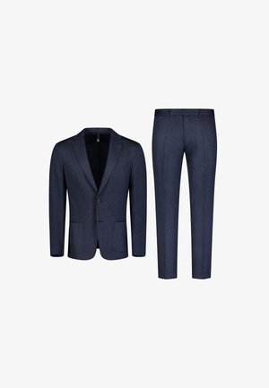 Navy suit set featuring a blazer with notch lapels and two pockets, paired with slim-fit trousers. Both made from a textured fabric.