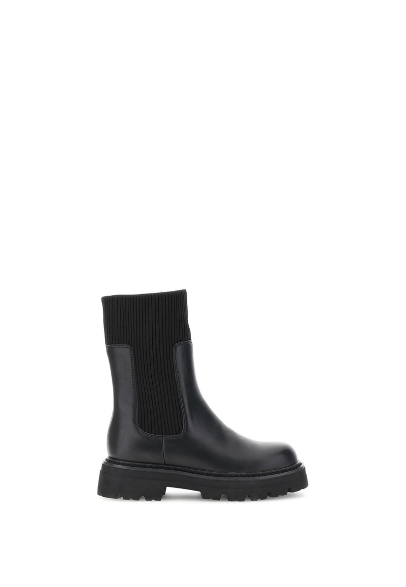 Schwarze Leder-Ankle-Boots mit gerippten elastischen Einsätzen, einer kräftigen Gummisohle und einem runden Zehen-Design für einen modernen Look.