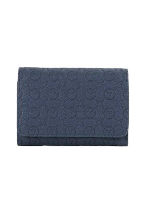 Portefeuille texturé bleu marine avec logos circulaires embossés présentant un motif "V" stylisé, de forme rectangulaire avec une fermeture à rabat.