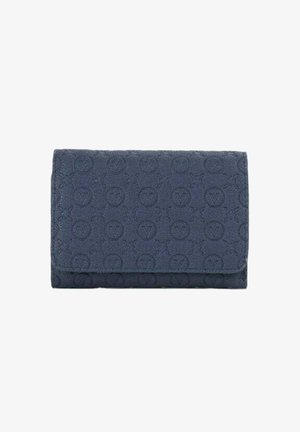 Portefeuille texturé bleu marine avec logos circulaires embossés présentant un motif "V" stylisé, de forme rectangulaire avec une fermeture à rabat.