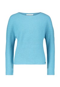 Himmelblau gestrickter Pullover mit langen Ärmeln, einem Bootsausschnitt und einer taillierten Form. Mit einem kleinen Logodetail am Saum.