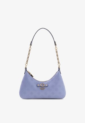 Jasnofioletowa torebka o zakrzywionym kształcie, z tłoczonym kwiatowym wzorem, złotymi elementami metalowymi i paskiem z łańcuszka. Zamykana na zamek.