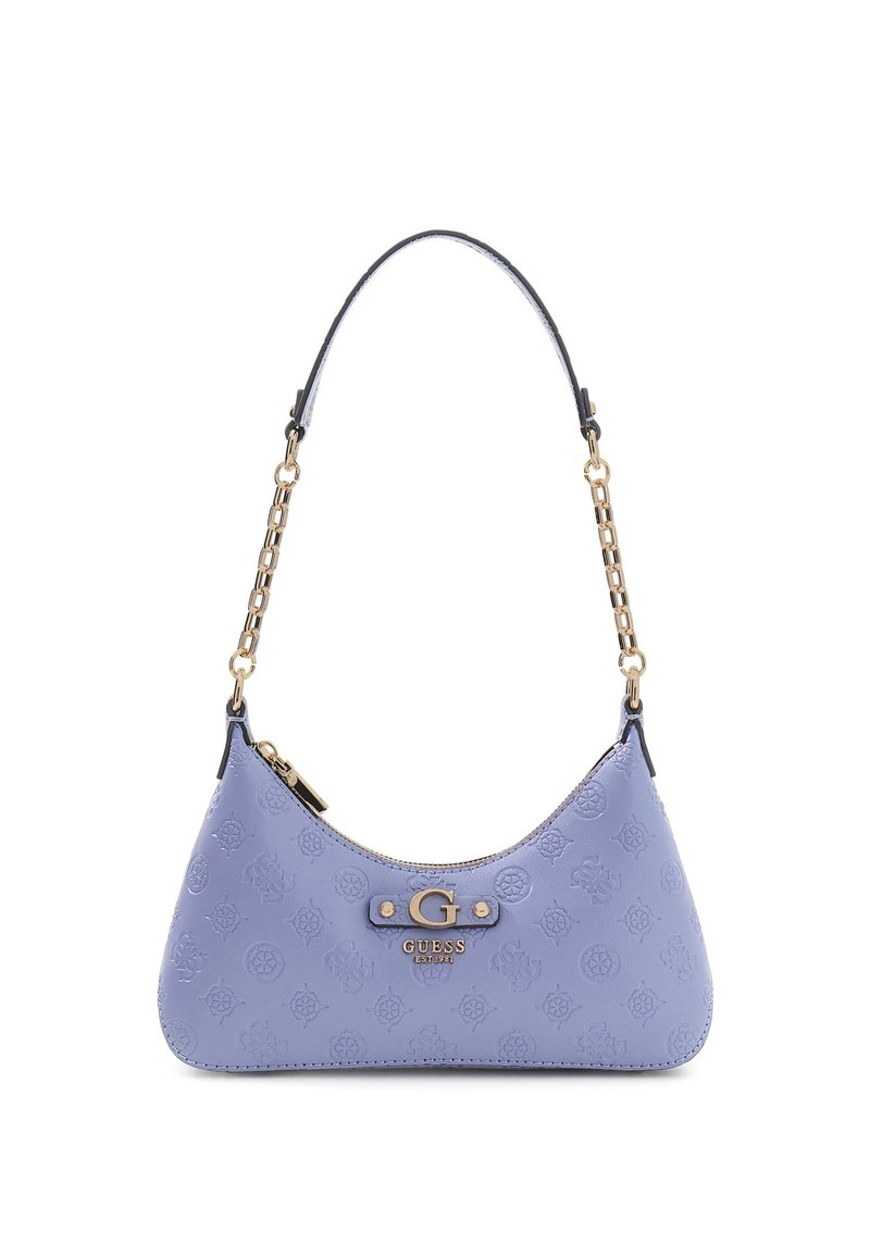 Jasnofioletowa torebka o zakrzywionym kształcie, z tłoczonym kwiatowym wzorem, złotymi elementami metalowymi i paskiem z łańcuszka. Zamykana na zamek.